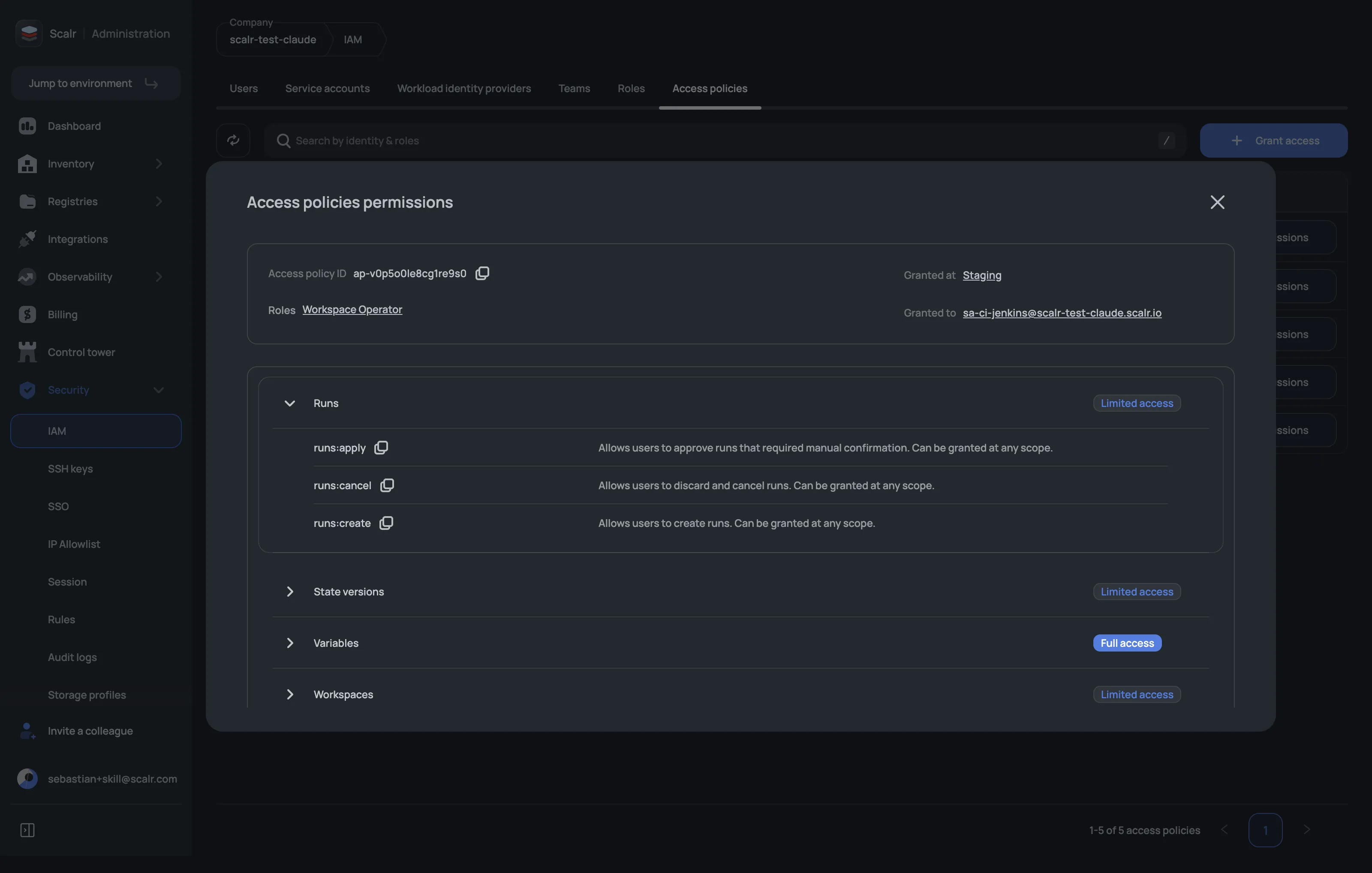 IAM access policy permissions showing Workspace Operator role with runs, state, variables, and workspaces access