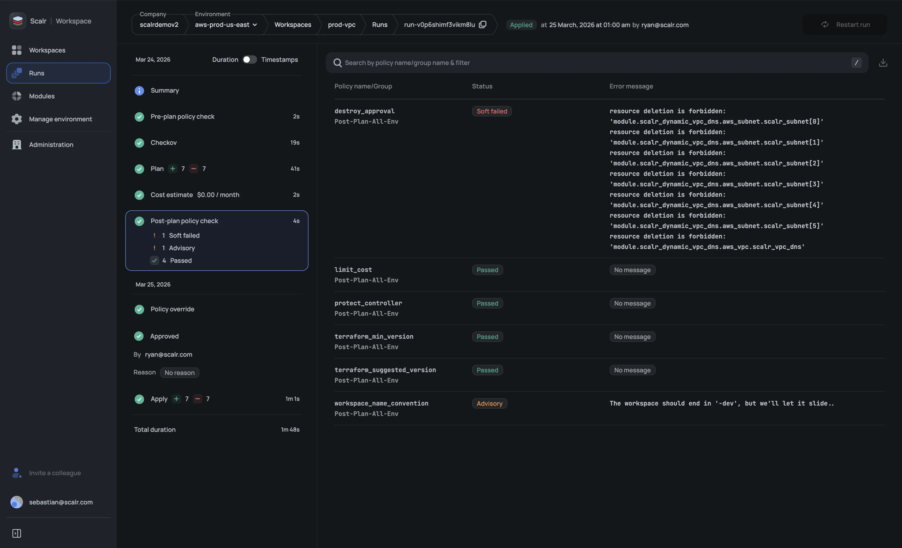 Scalr run with OPA policy checks showing soft-fail, passed, and advisory results