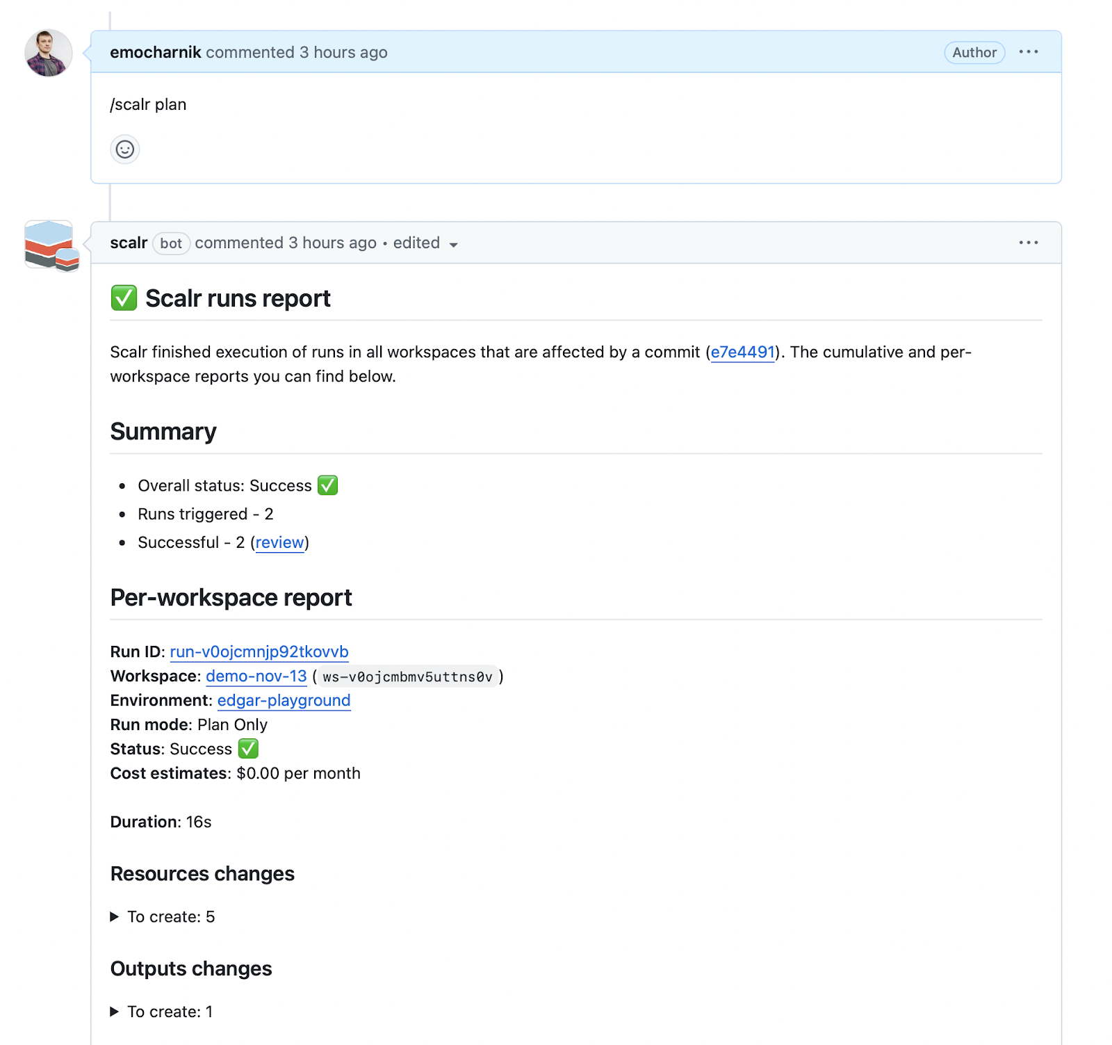 GitHub pull request thread showing Scalr posting a Terraform plan summary as a PR comment in response to /scalr plan