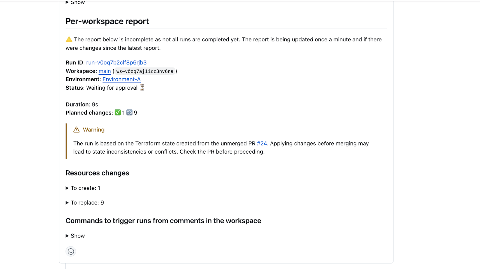 Scalr warning banner shown when a Terraform run is attempted from a branch with unmerged pull requests