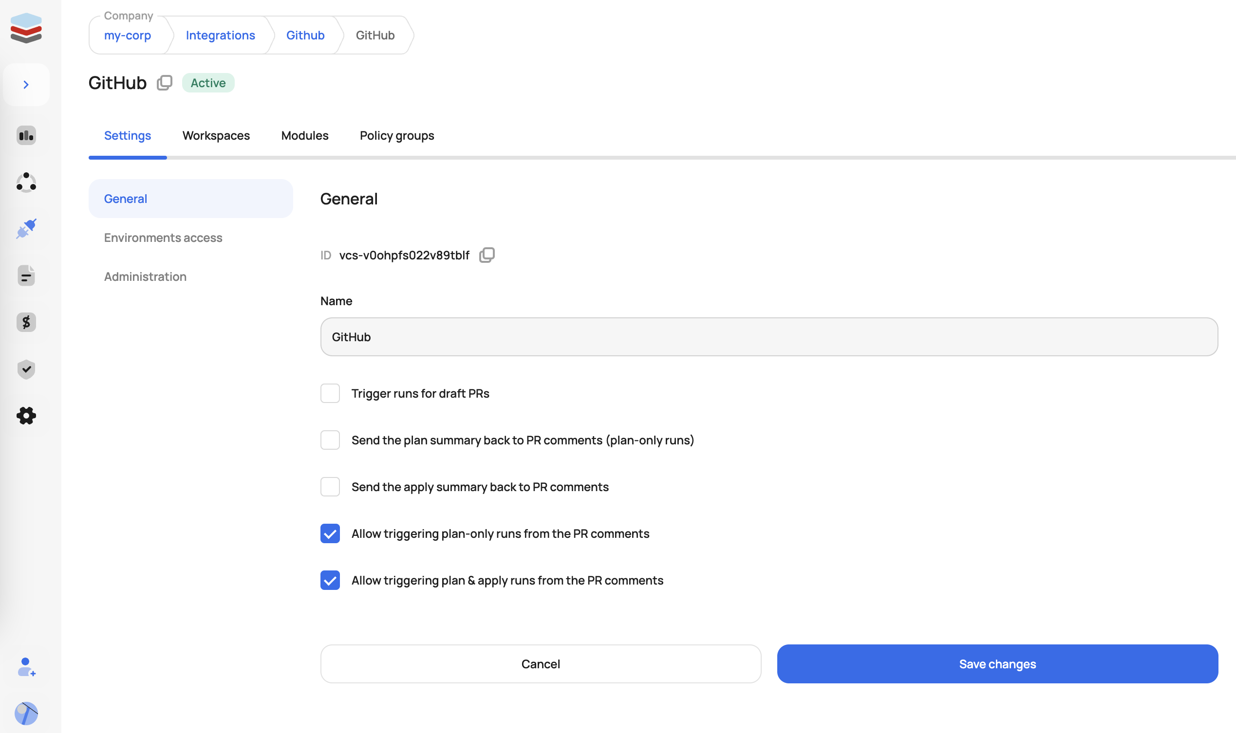 Scalr VCS provider settings page enabling PR comment triggers for Terraform plan and apply