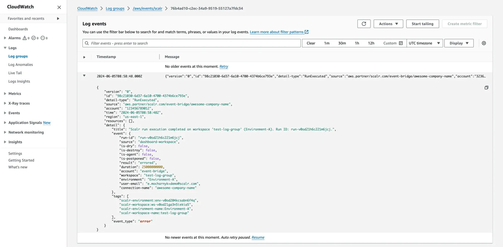 AWS CloudWatch displaying Scalr Terraform audit log events