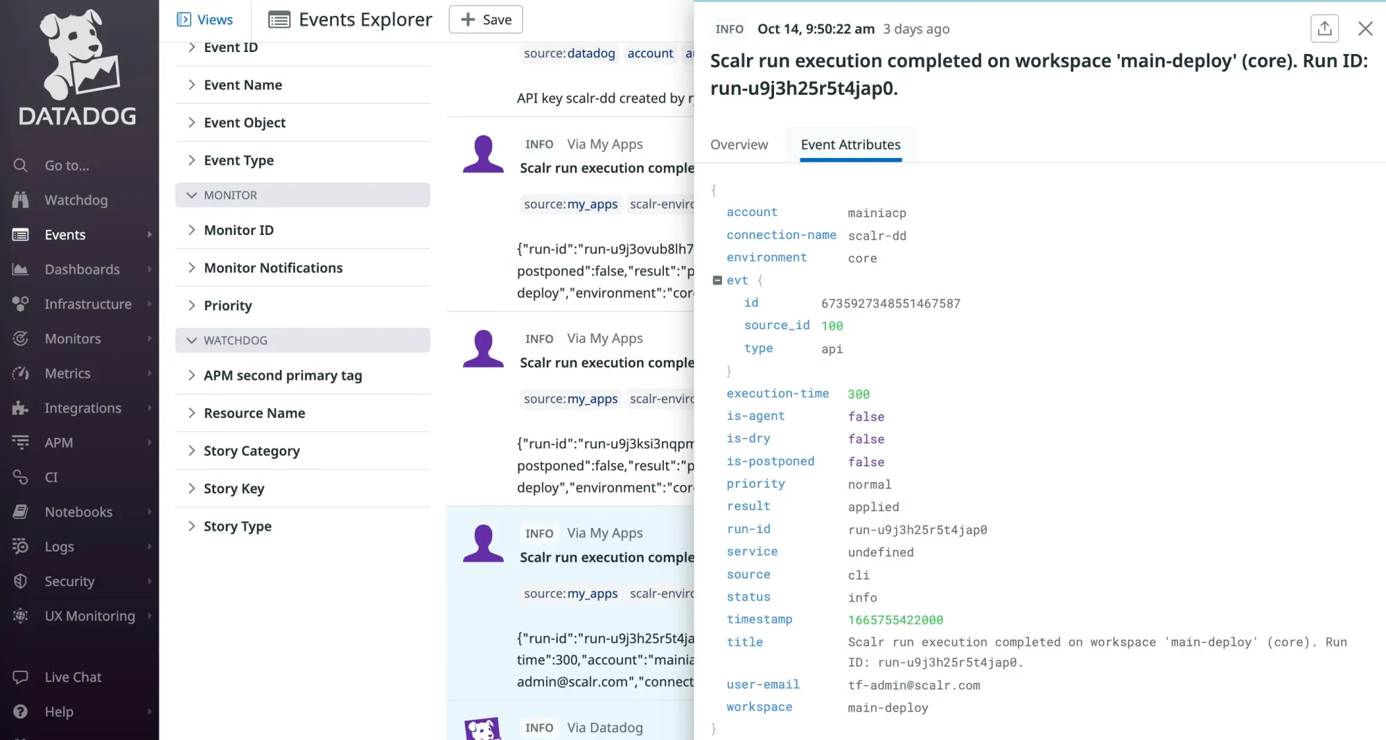 Datadog Events Explorer showing list of Scalr Terraform run events