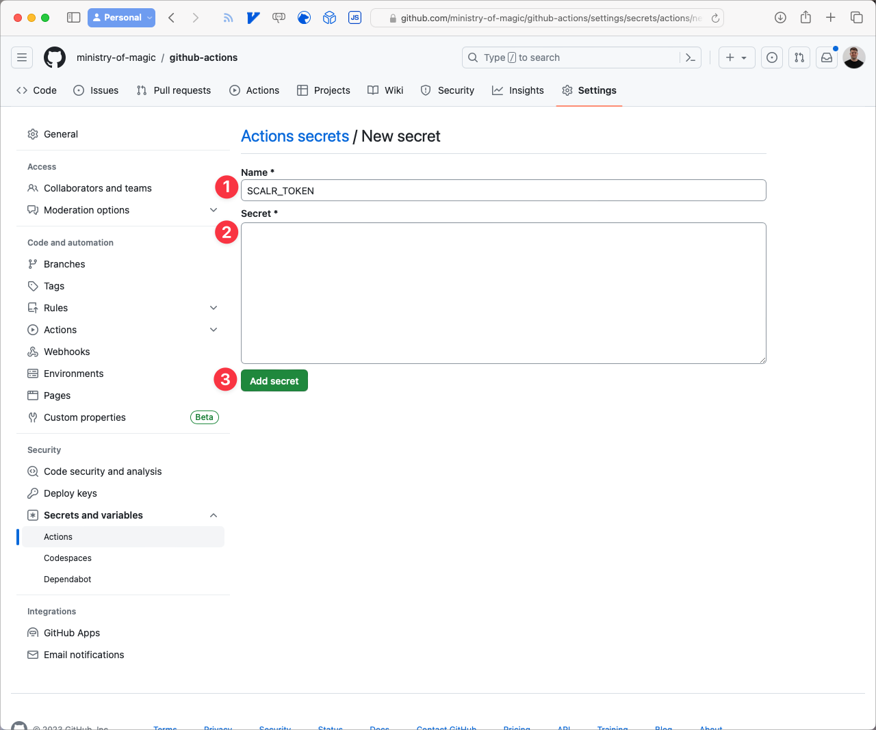 Add a new secret in Github