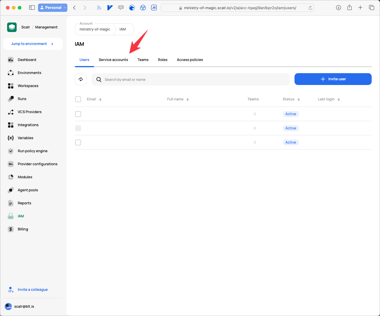 Navigating to the Service Accounts tab in Scalr