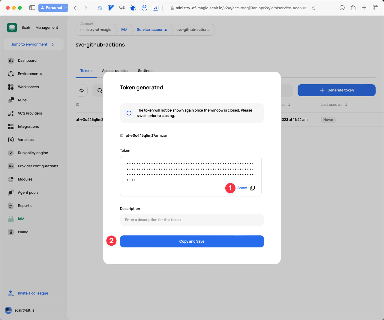 Copy and save the token in Scalr