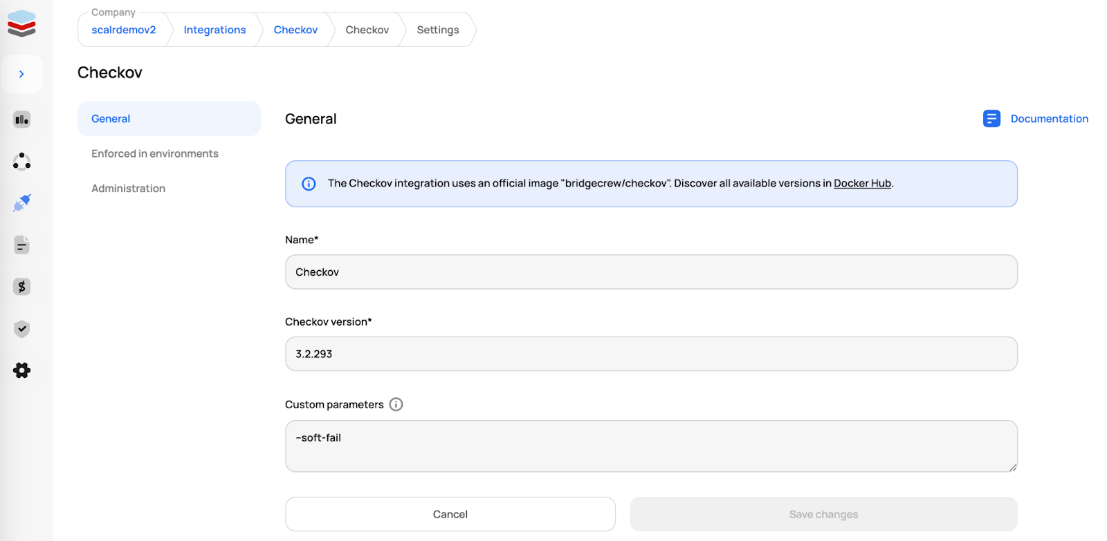 Enabling the Checkov integration in Scalr with version and parameter settings