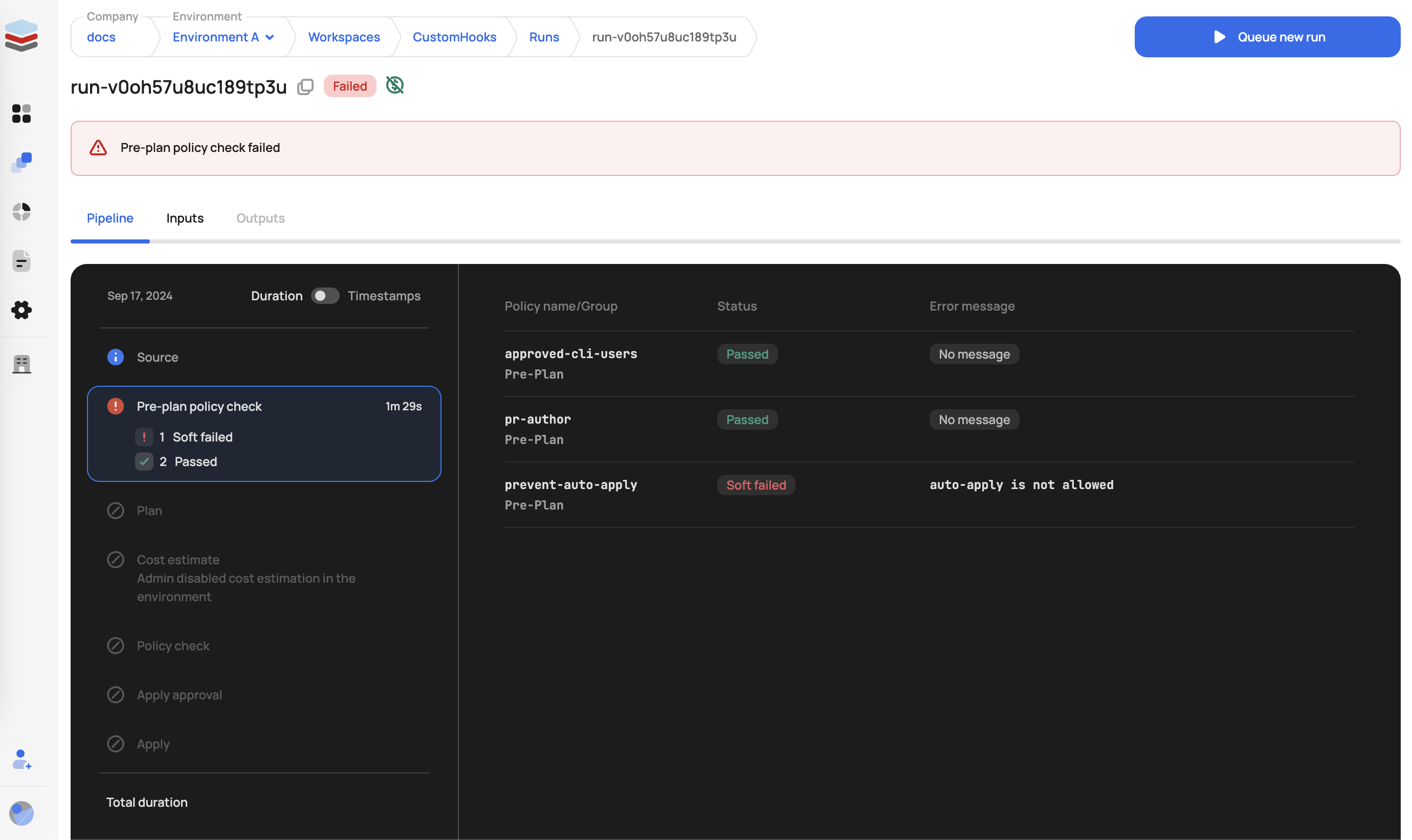 Example of a pre-plan OPA policy check in Scalr blocking a run before the Terraform plan executes