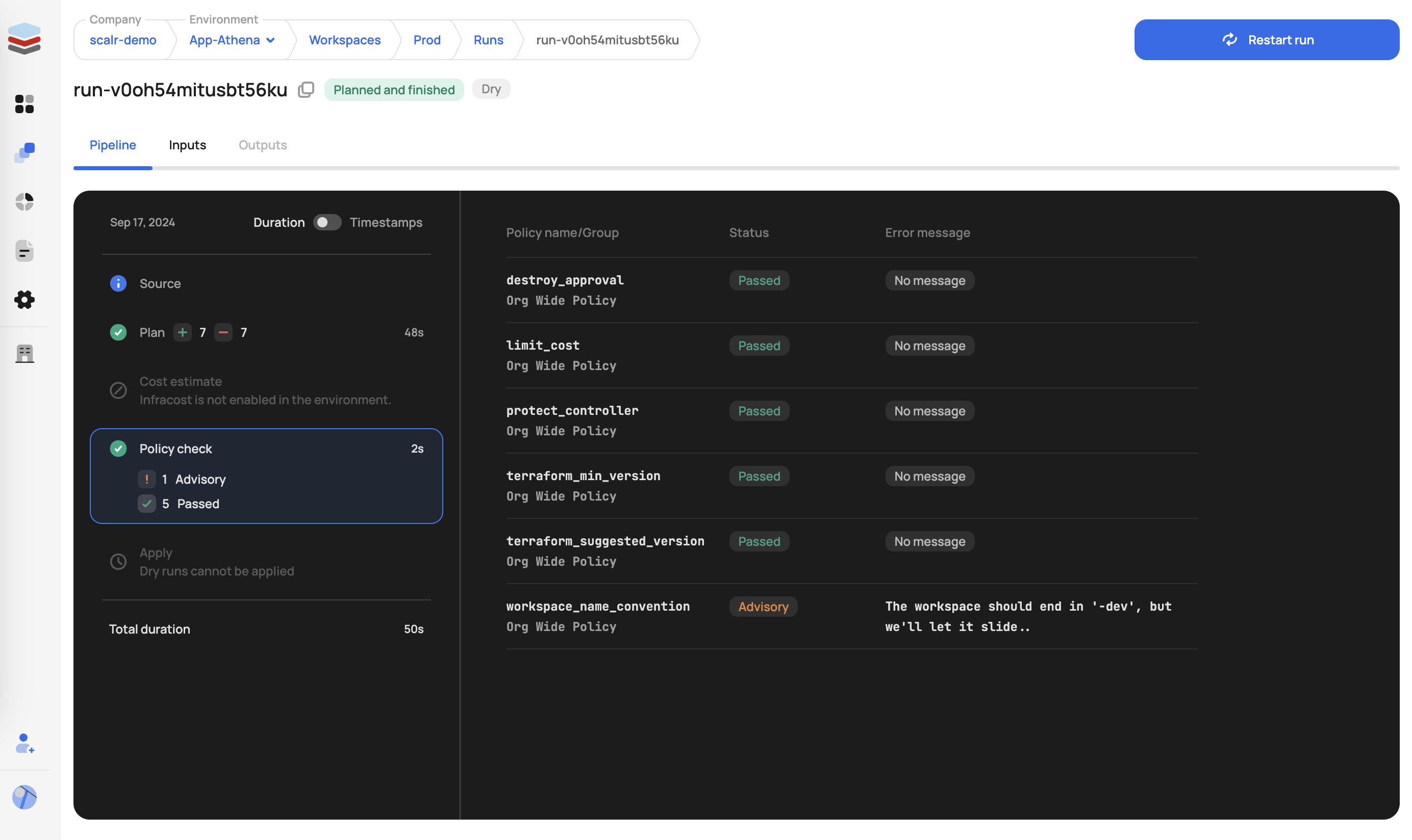 Example of a post-plan OPA policy check evaluating proposed Terraform resource changes in Scalr