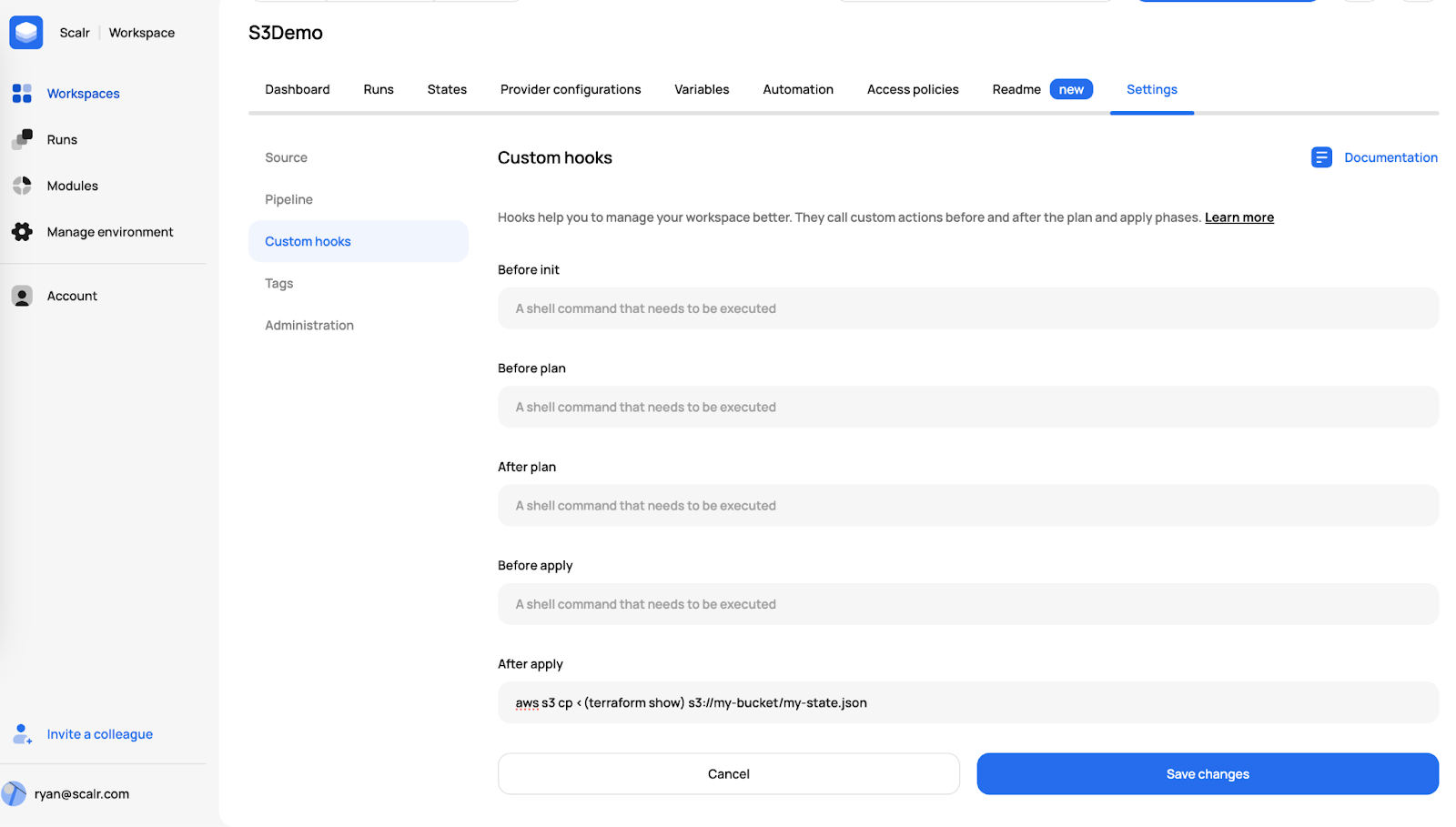 Configuring custom hooks in Scalr workspace settings for automated state backup after Terraform apply