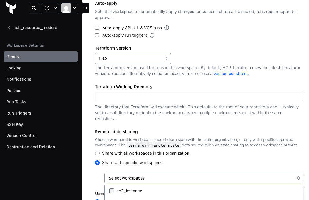 Terraform Cloud workspace state sharing settings