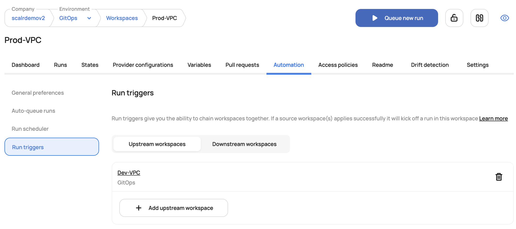 Scalr run triggers UI showing upstream and downstream workspaces
