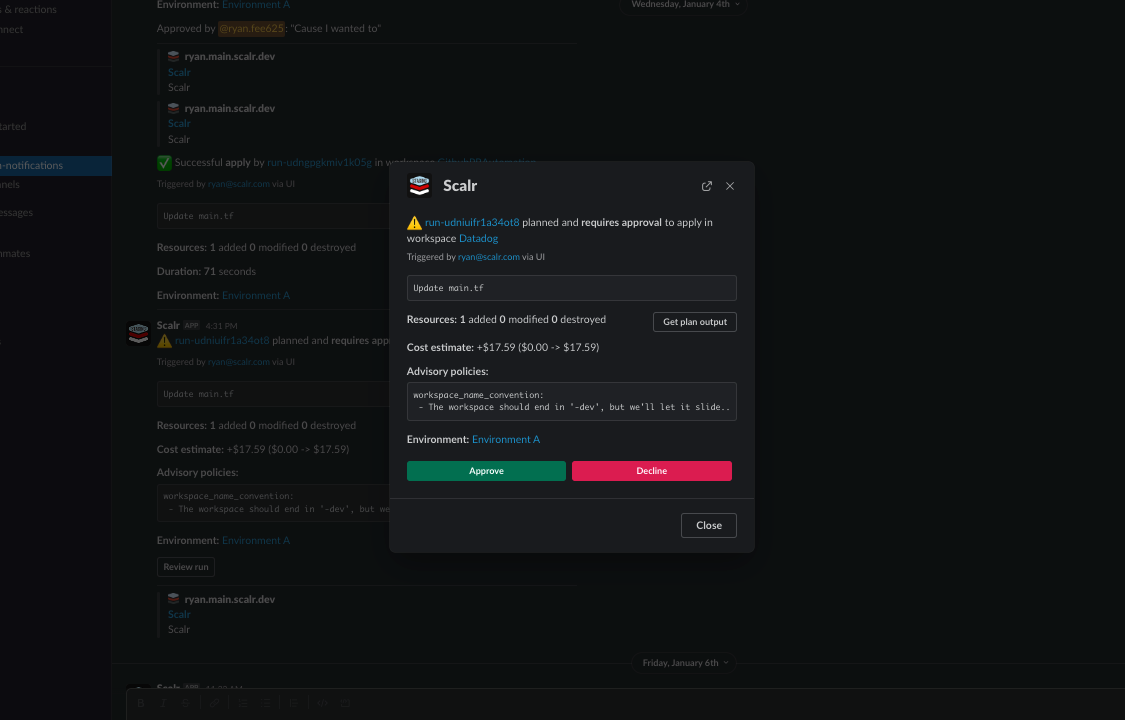 A screenshot of Slack with a Plan approval. 