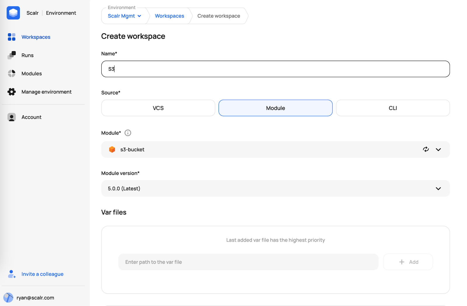 A screenshot of creating a workspace in Scalr
