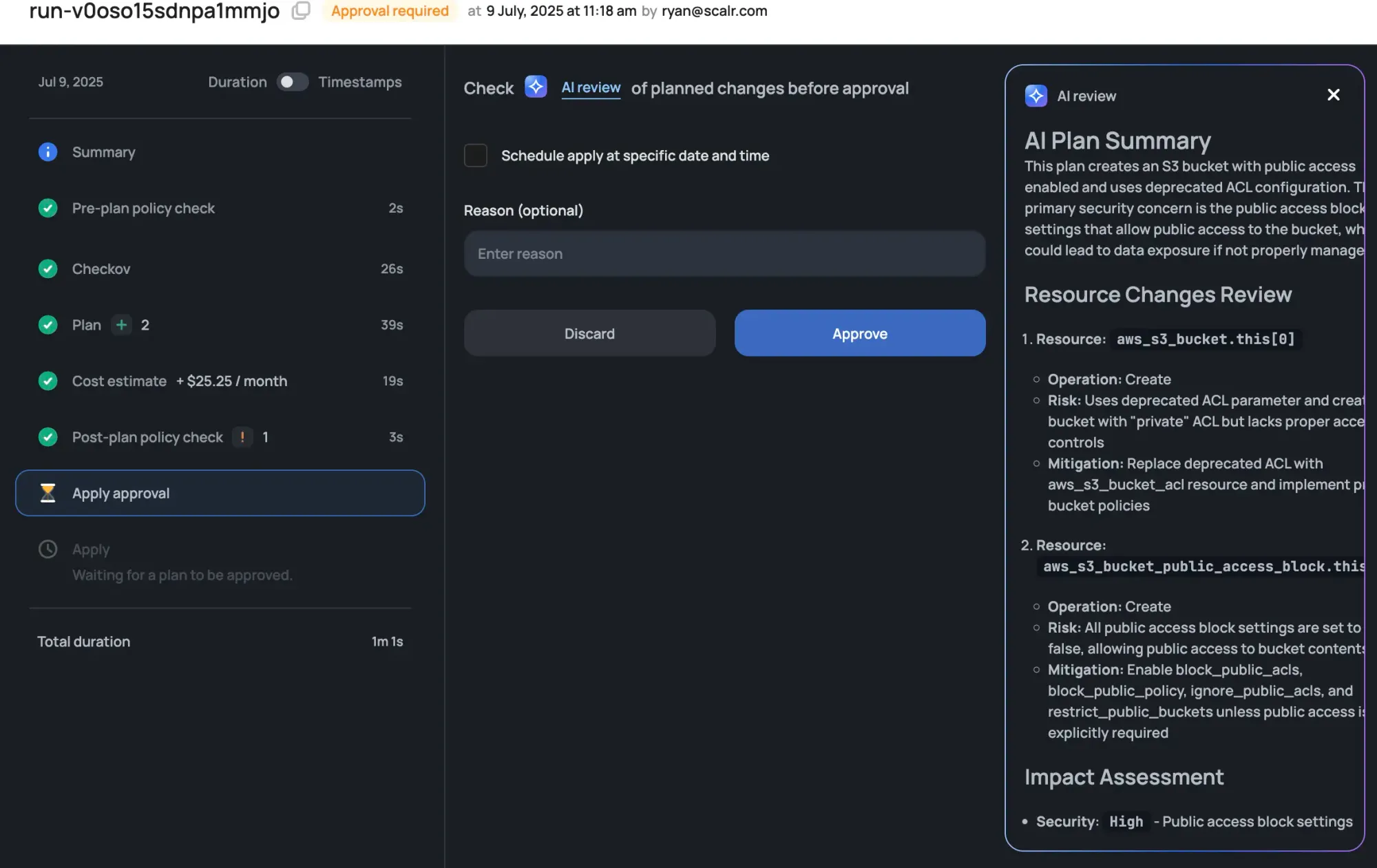 Scalr AI Terraform plan review and approval panel with summary