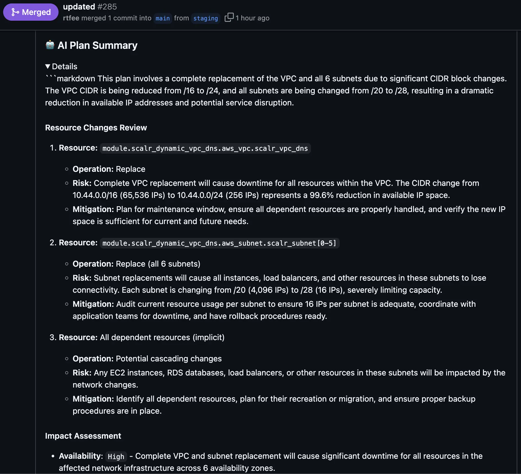 Scalr AI plan summary posted as a VCS pull request comment
