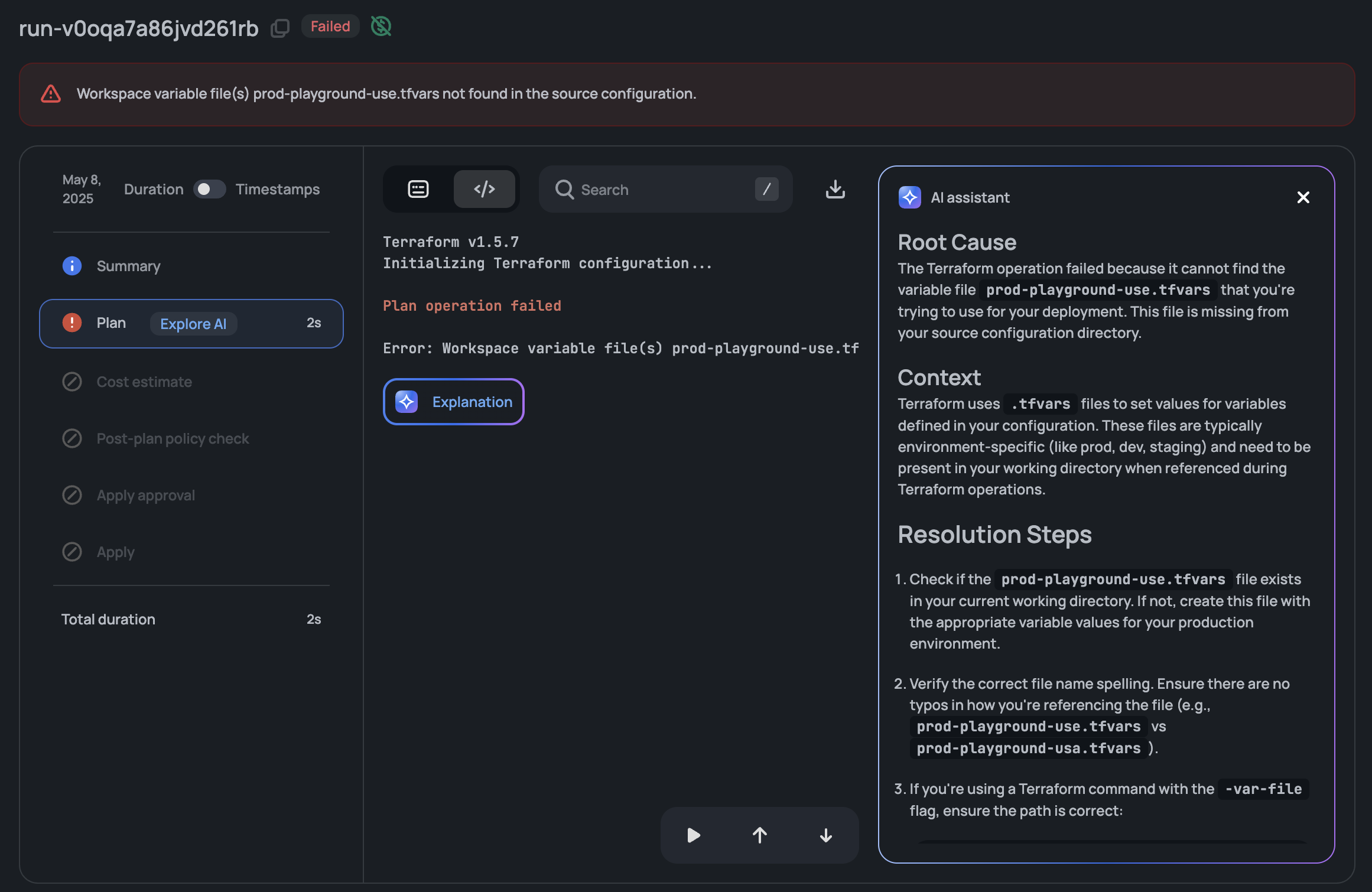 Scalr AI run error analysis panel showing root cause and resolution suggestions