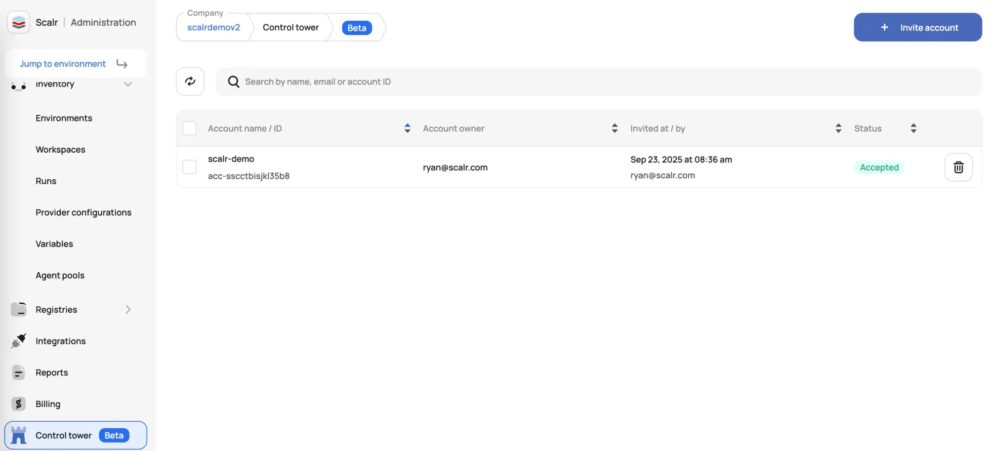 Scalr Control Tower interface for inviting a child account into consolidated billing
