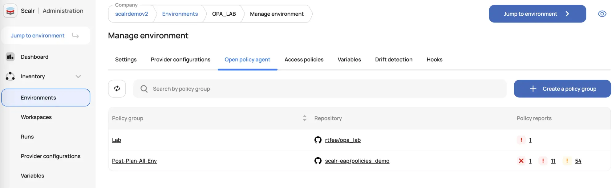 Scalr environment with linked OPA policy groups for governance