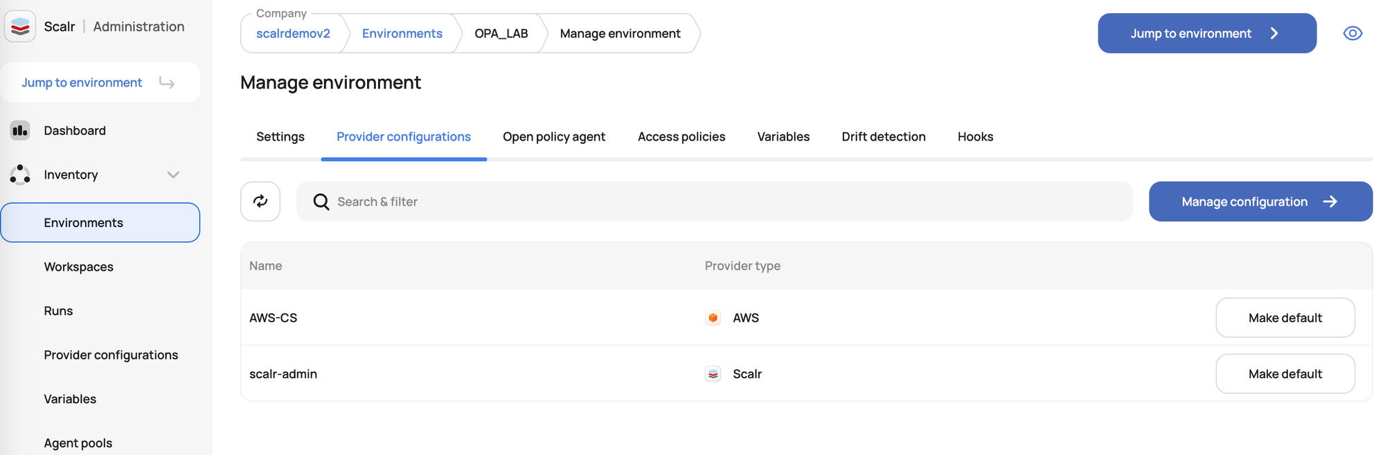 Scalr environment with default provider configurations for cloud credentials