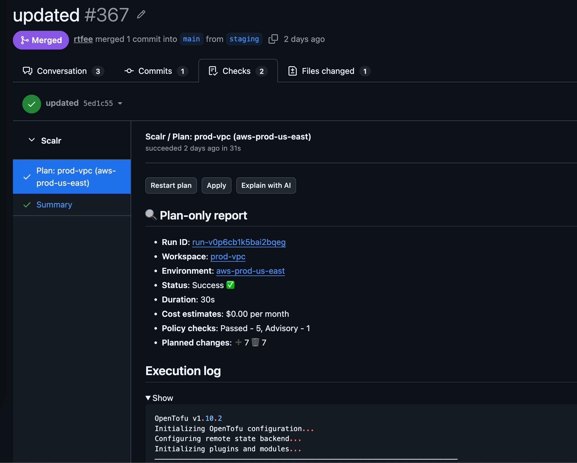 Scalr pull request check in GitHub showing Terraform plan details and AI-generated explanation
