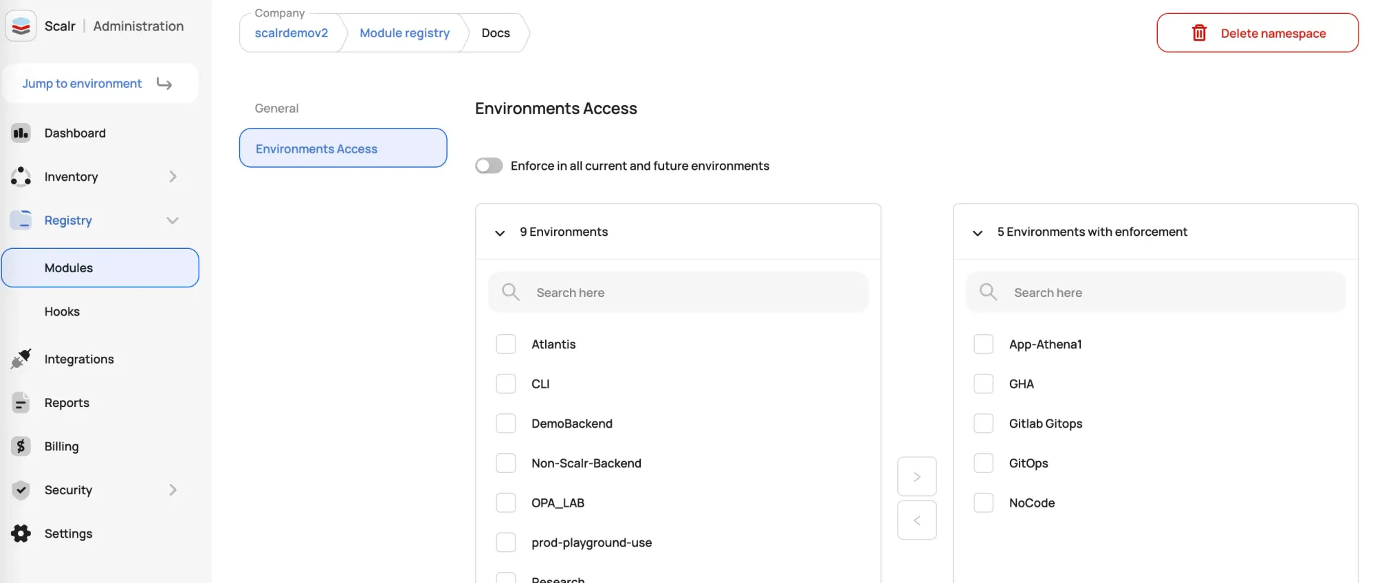 Scalr module namespace environments access settings