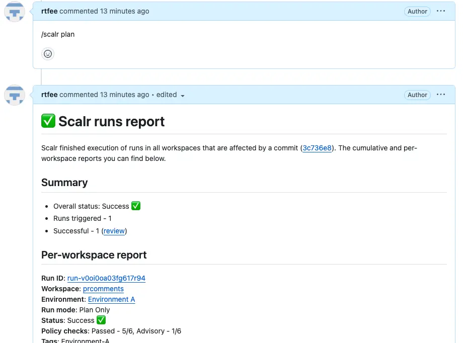 Triggering a Terraform plan from a GitHub pull request comment using Scalr