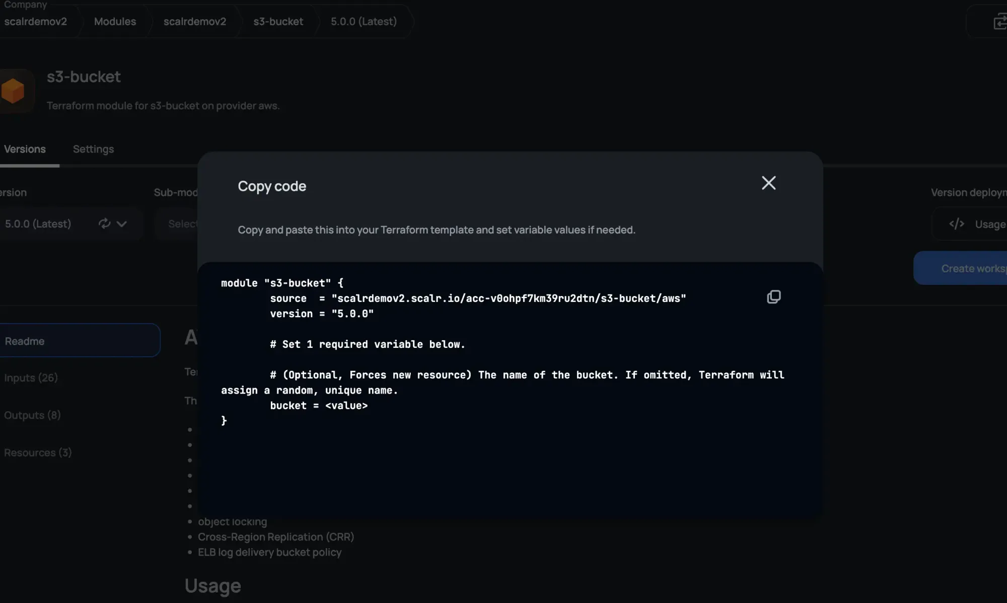 Scalr private module registry copy code modal for module consumption