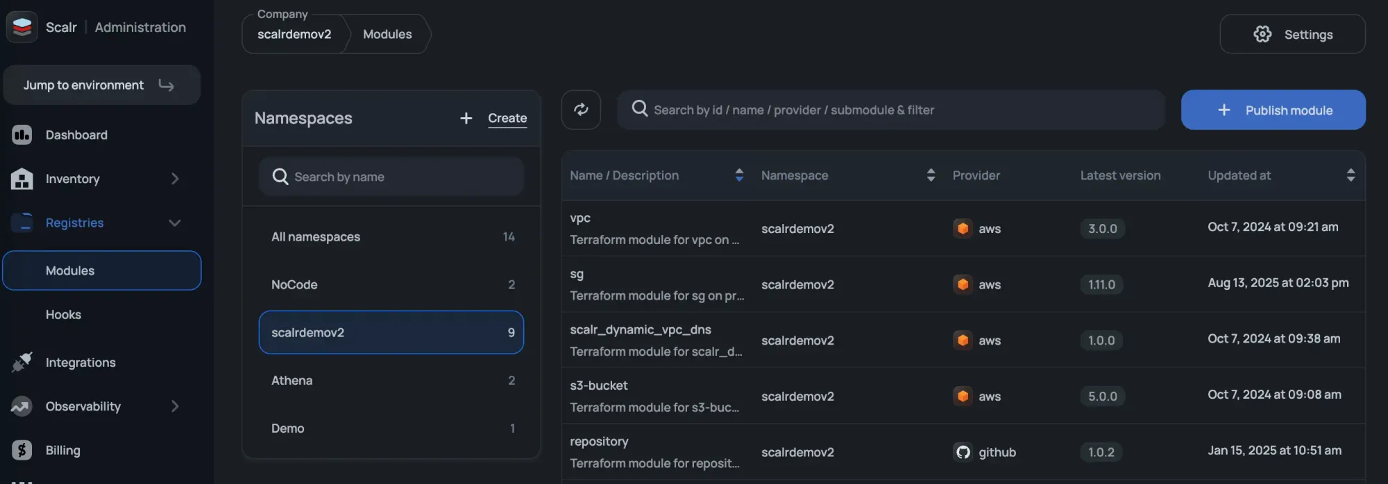 Scalr private module registry showing namespaced Terraform modules