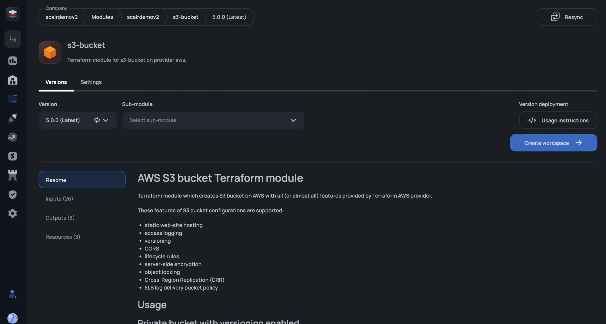 Scalr private module registry S3 bucket module detail view