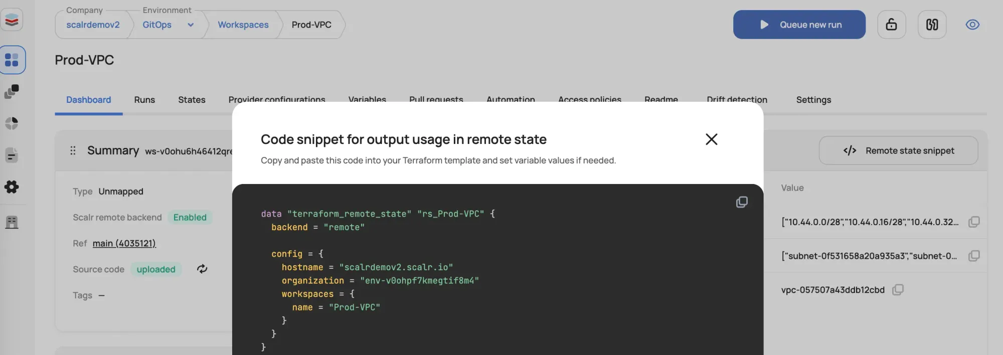 Scalr remote state code snippet modal showing outputs configuration
