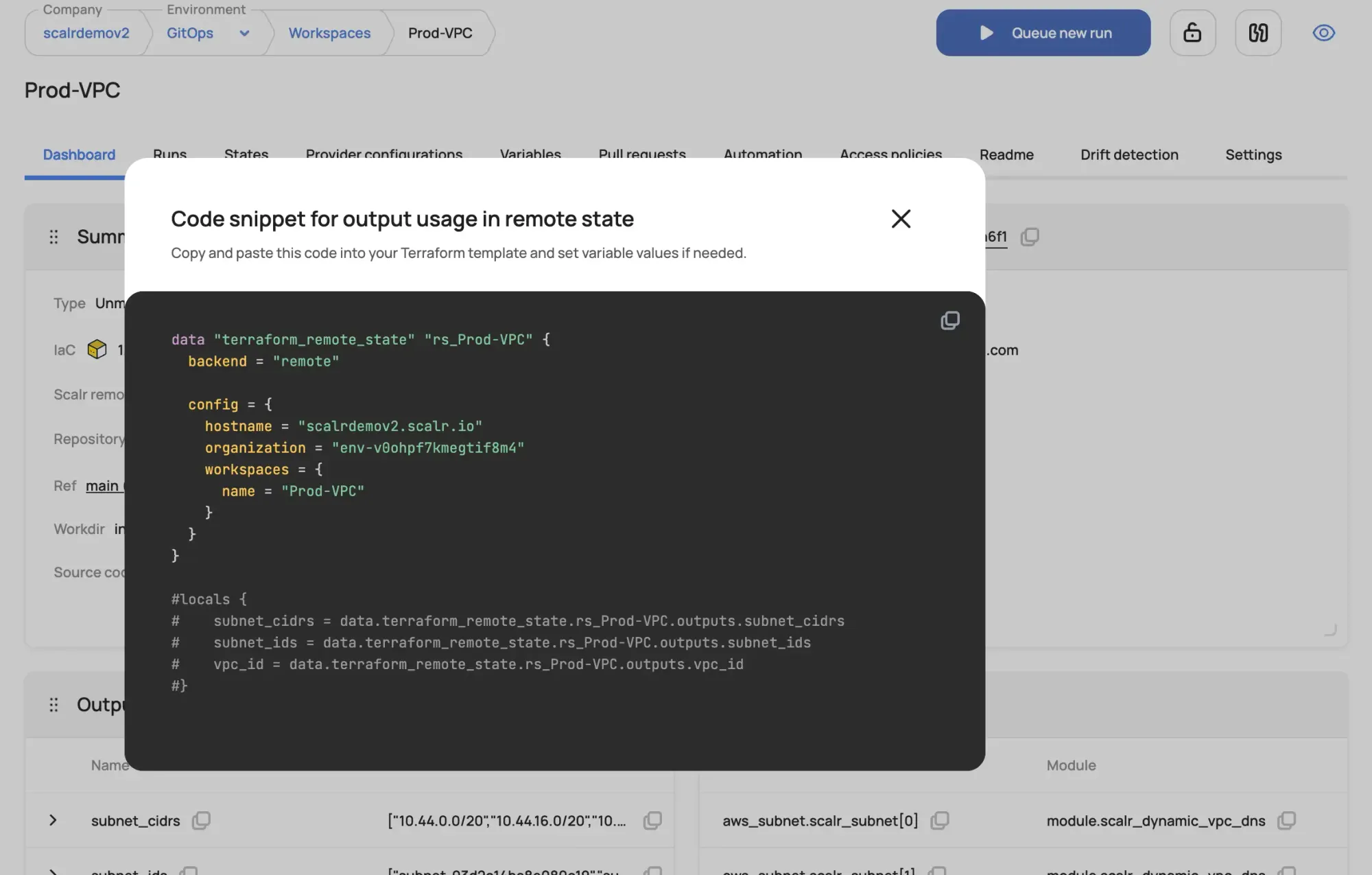 Scalr remote state code snippet modal showing how to pull outputs from a source workspace