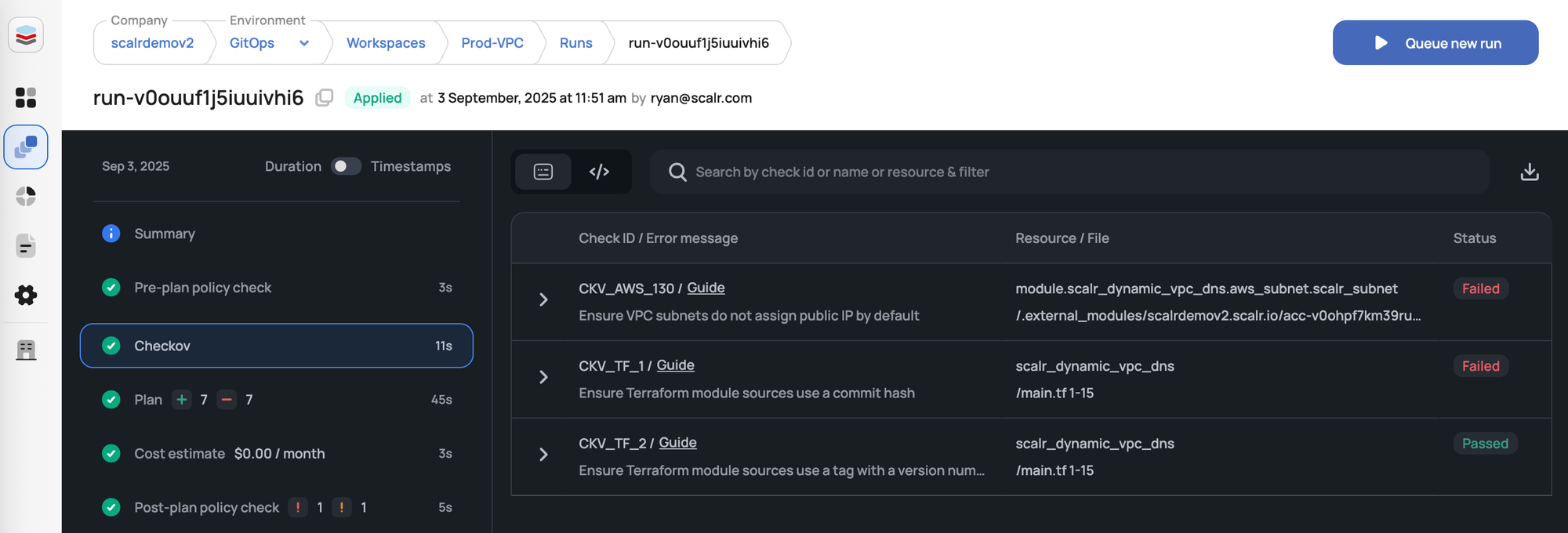 Scalr run with OPA policy check results enforcing governance and security
