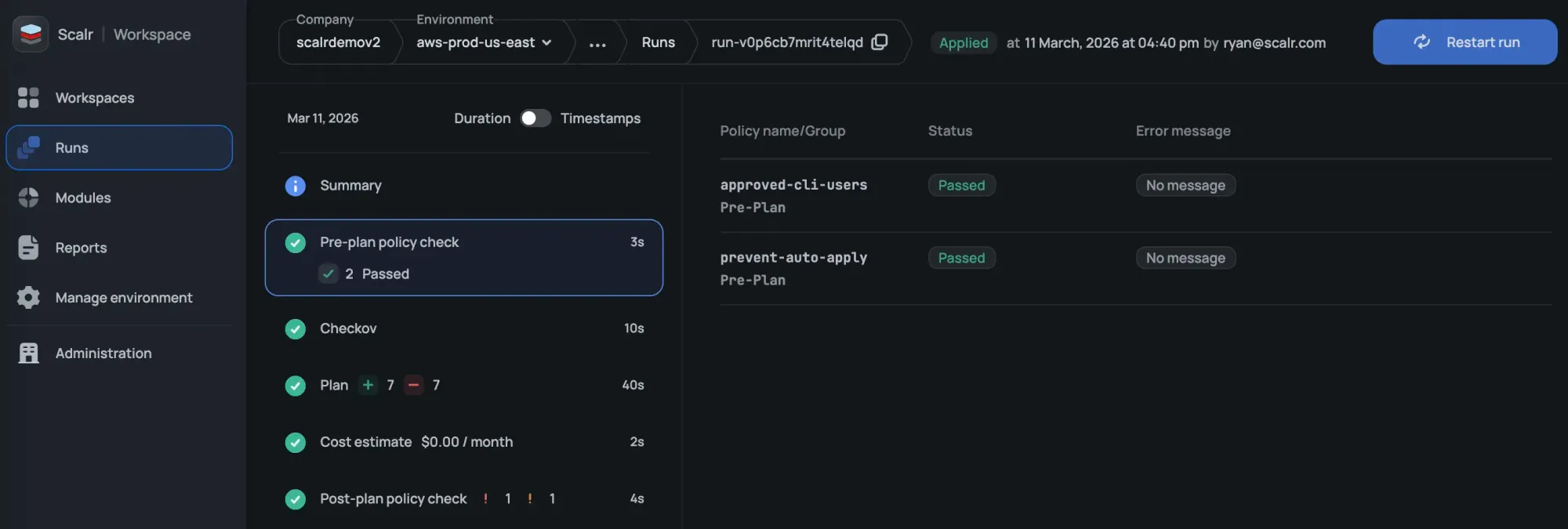 Scalr pre-plan OPA policy check passing on a Terraform run
