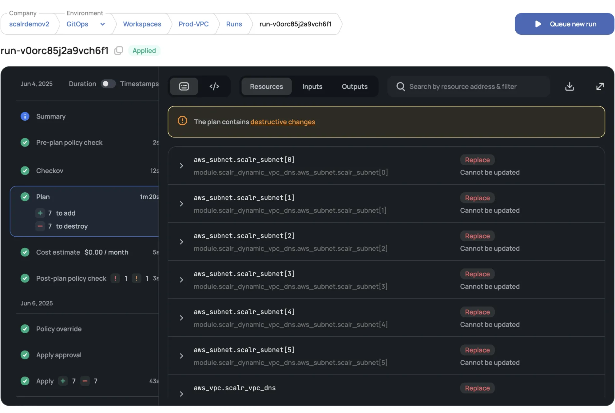 Scalr Terraform run showing destructive changes warning