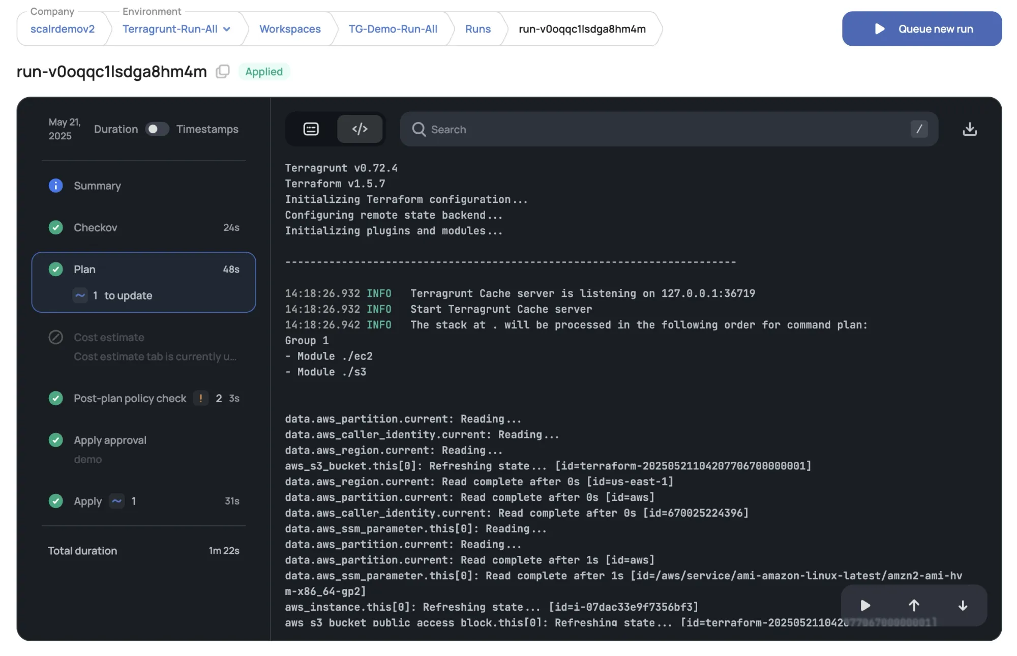 Scalr Terragrunt run plan output view