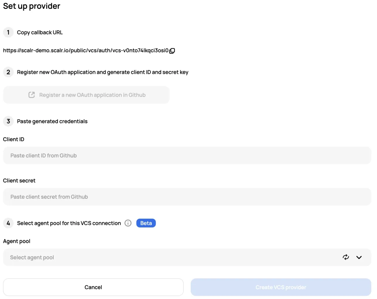 Scalr VCS provider setup for GitHub using OAuth authentication
