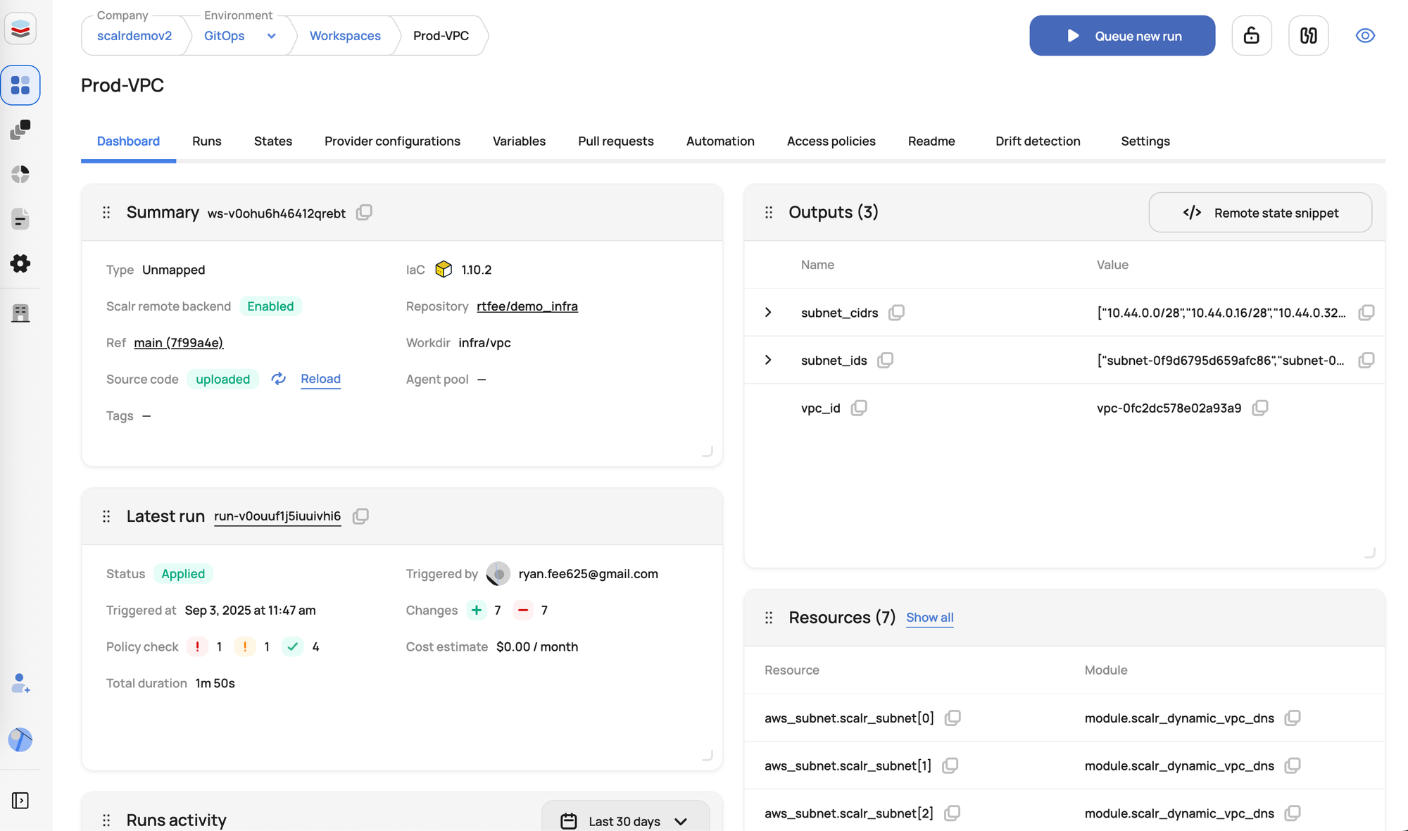 Scalr workspace dashboard with run summary for team collaboration