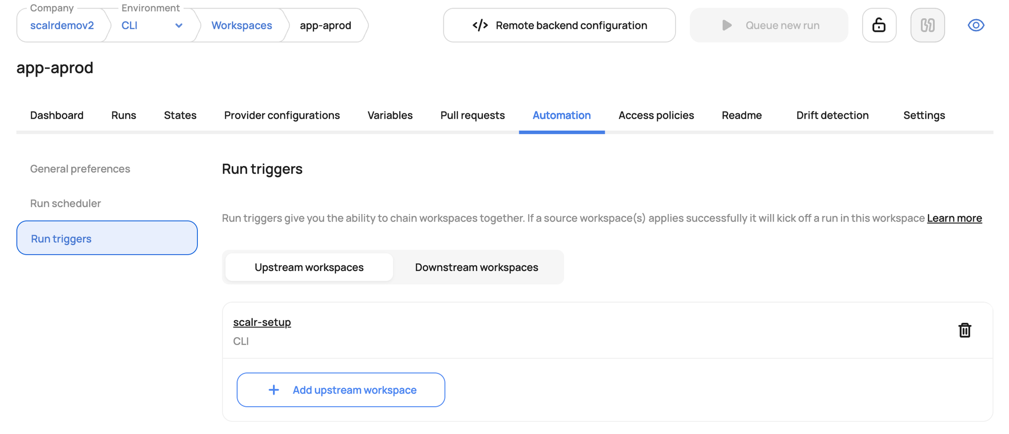 Scalr workspace run trigger configuration linking an upstream workspace to a downstream workspace