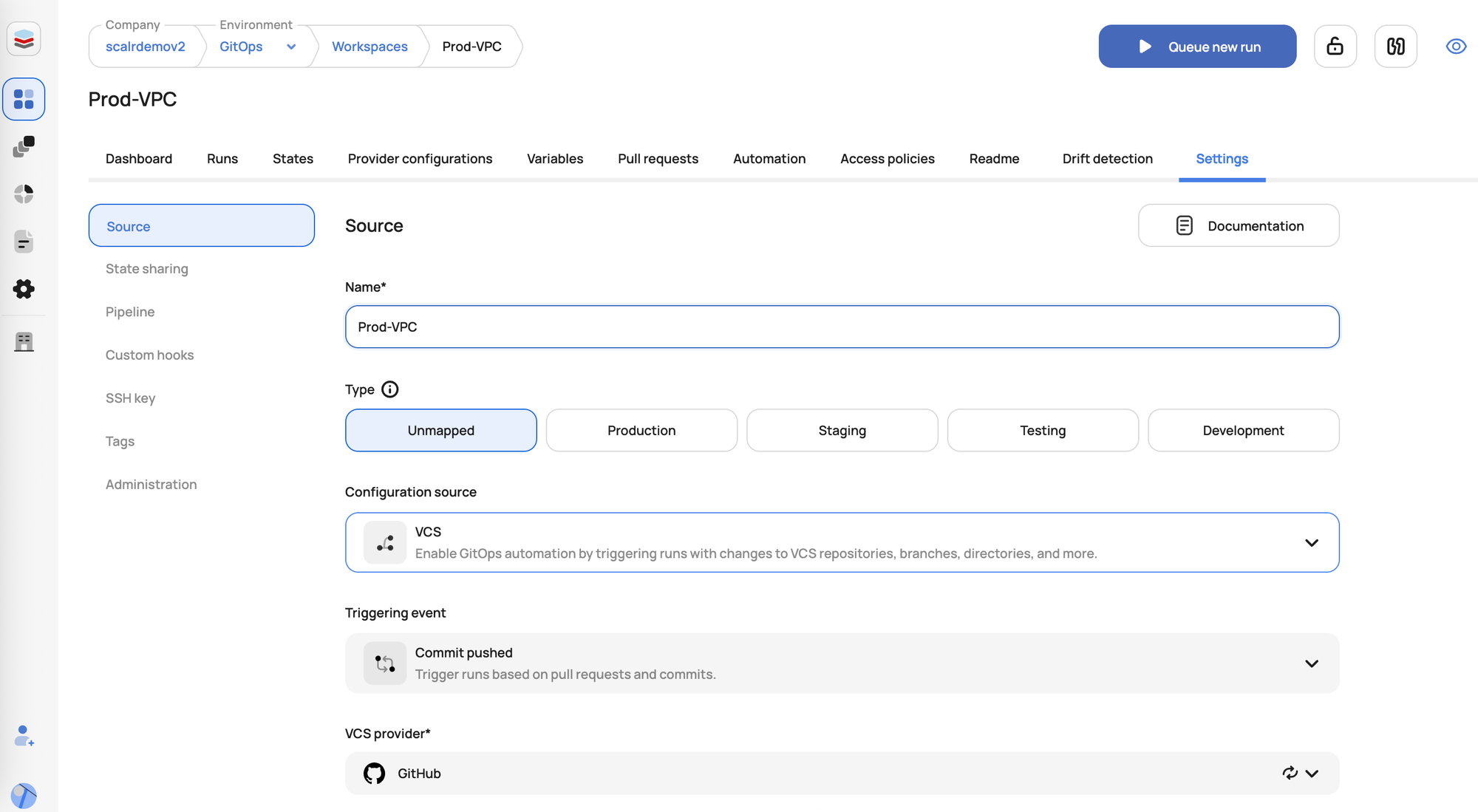 Scalr workspace settings with VCS source configuration for self-service