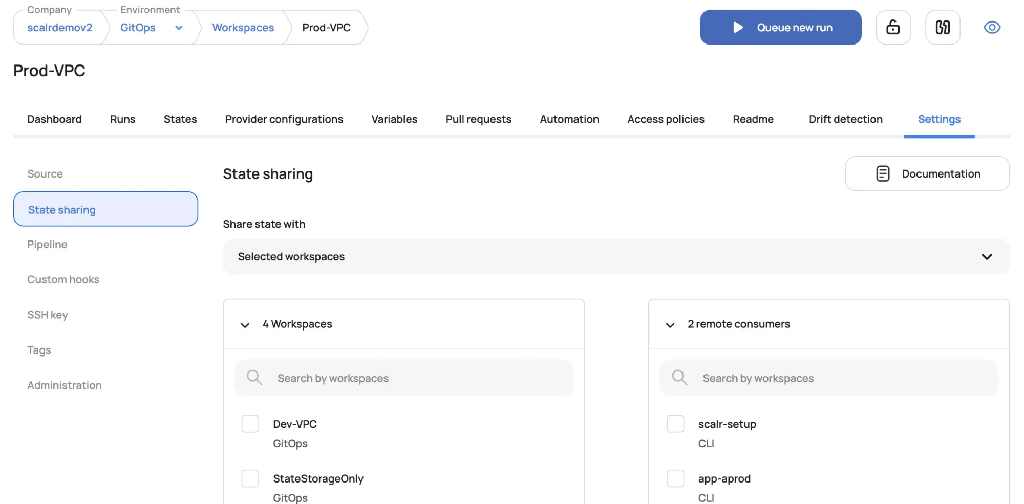 Scalr workspace state sharing settings allowing other workspaces to read state outputs