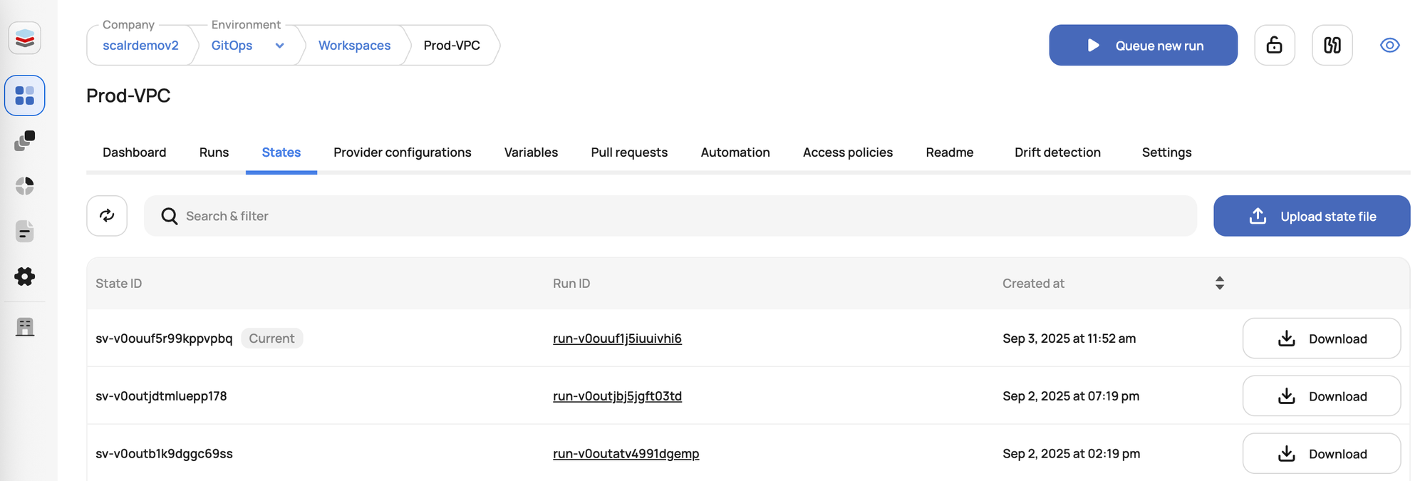 Scalr workspace state versions list showing Terraform state history