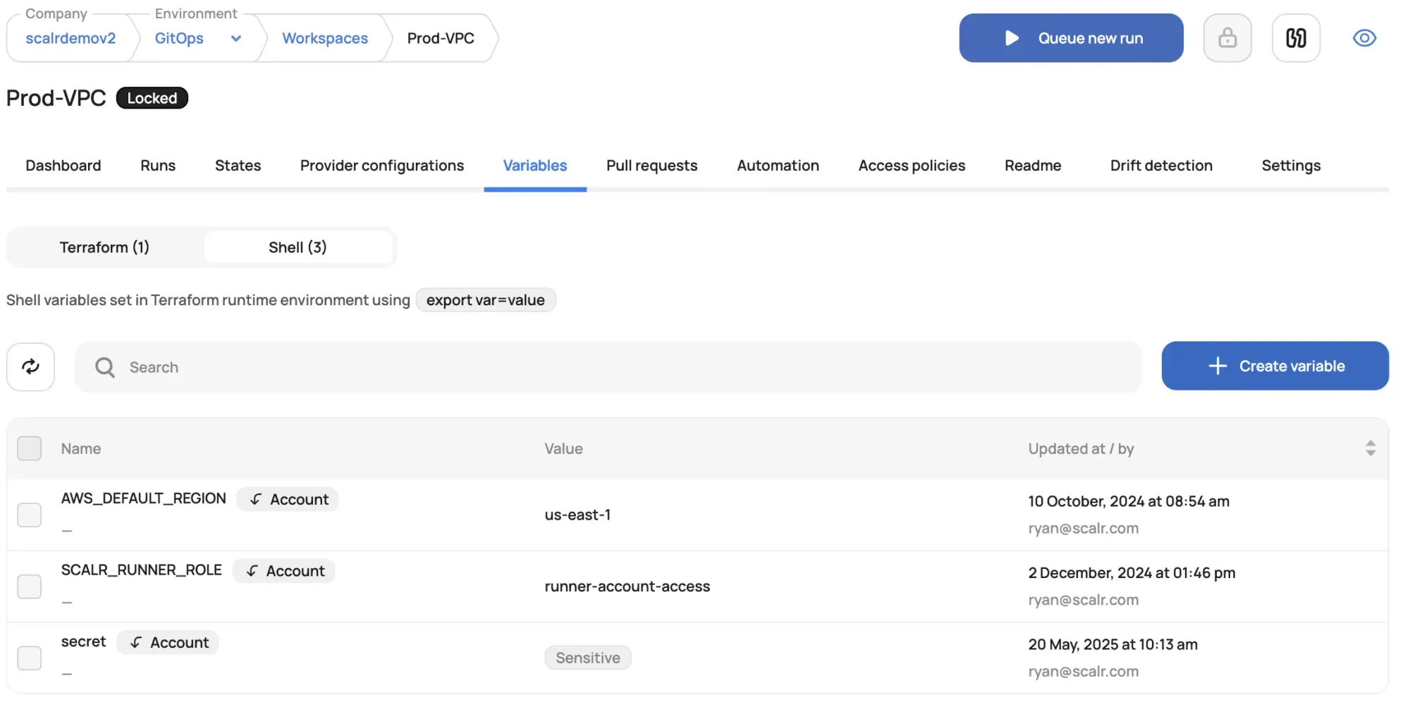 Variable inheritance in Scalr showing shell variables cascading from account to environment to workspace
