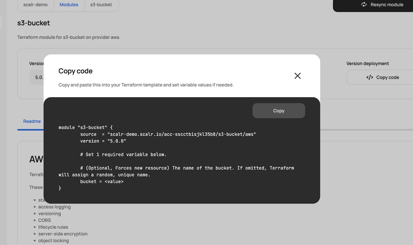 screenshot of the code to create a module registry